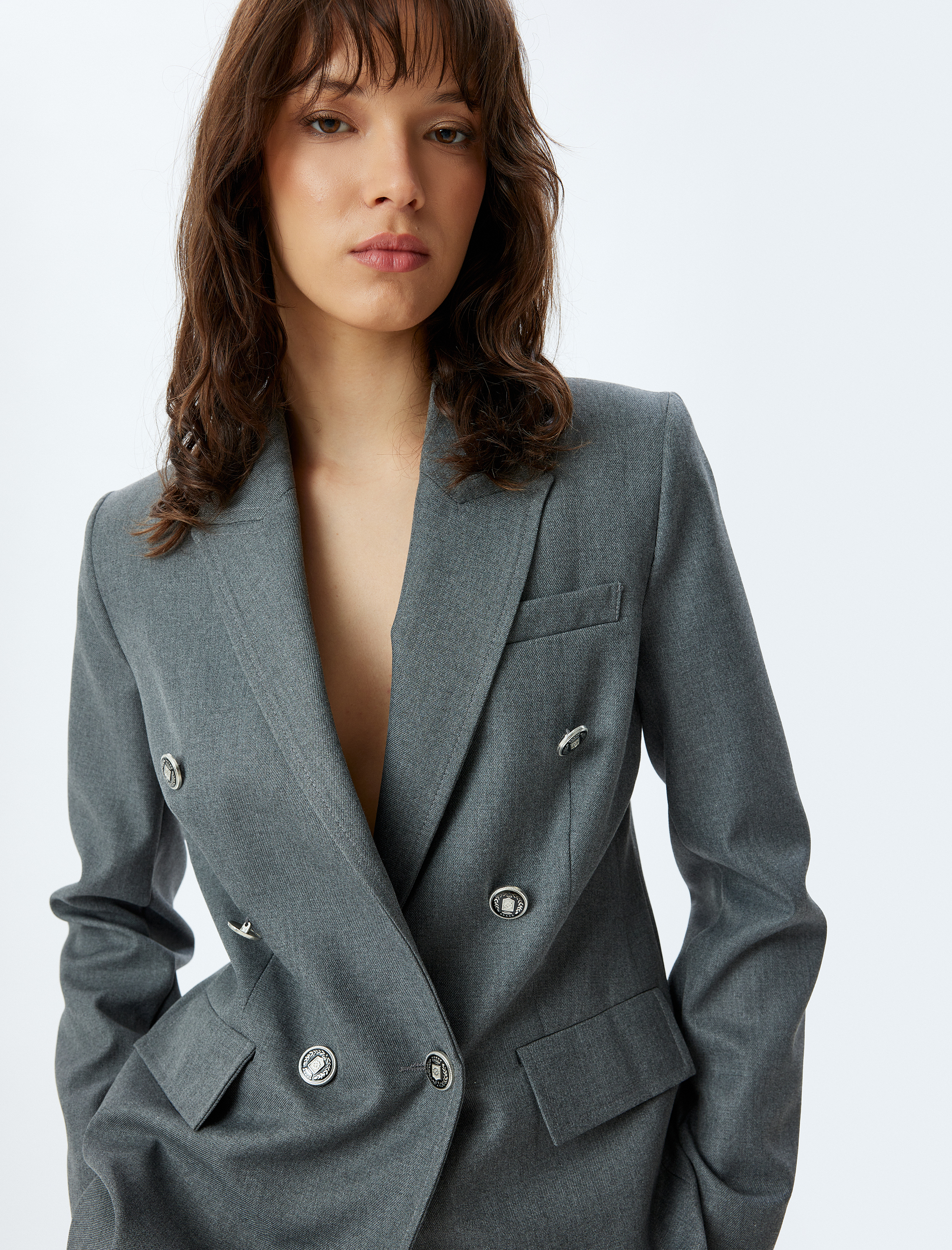   Kruvaze Blazer Ceket Kalça Boy Kapaklı Çift Cep