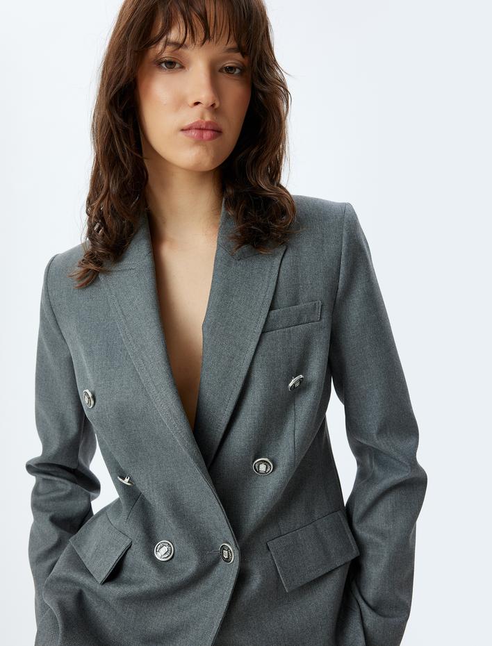  Kruvaze Blazer Ceket Kalça Boy Kapaklı Çift Cep