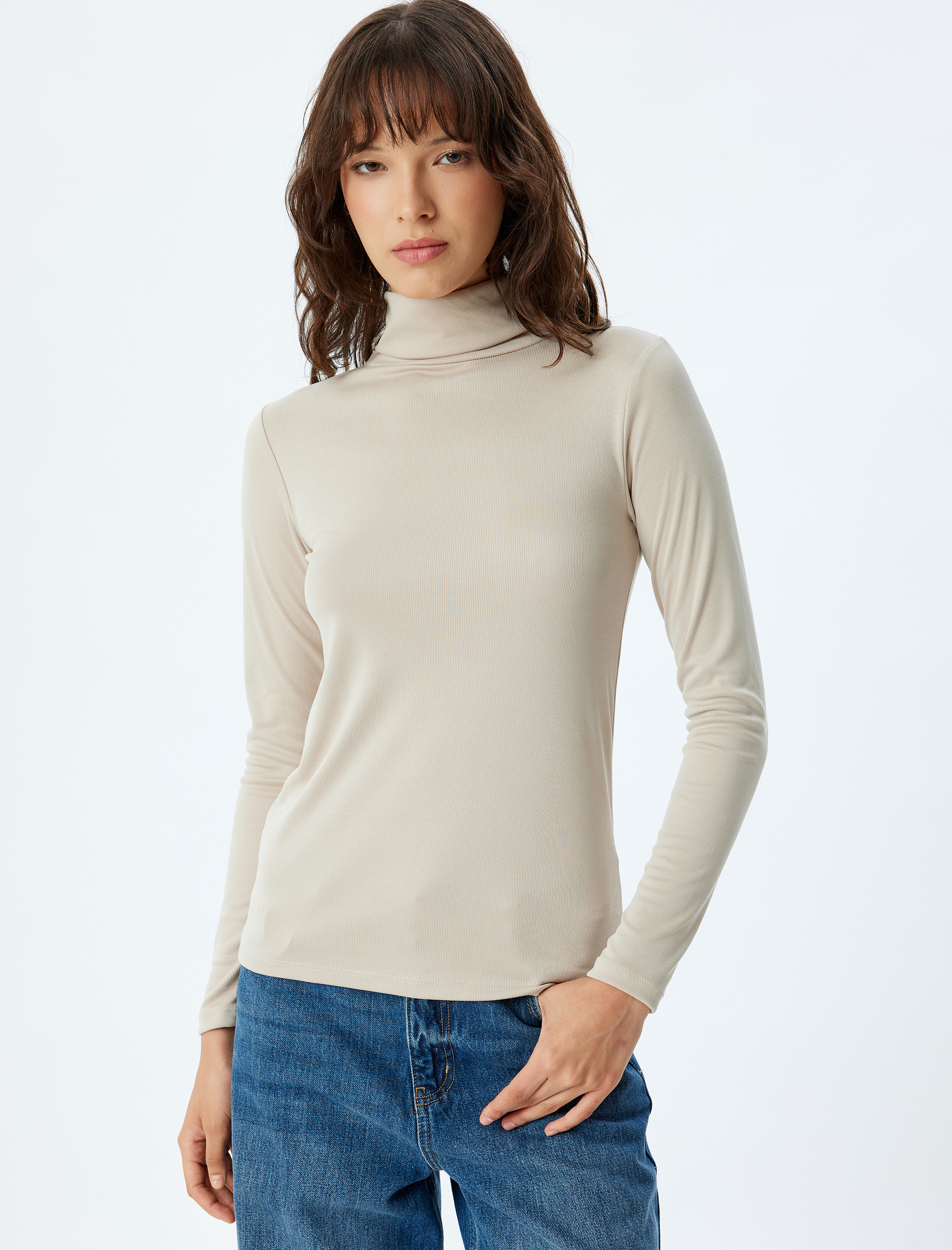   Boğazlı Yaka Uzun Kollu Modal Kumaş Fitilli Body