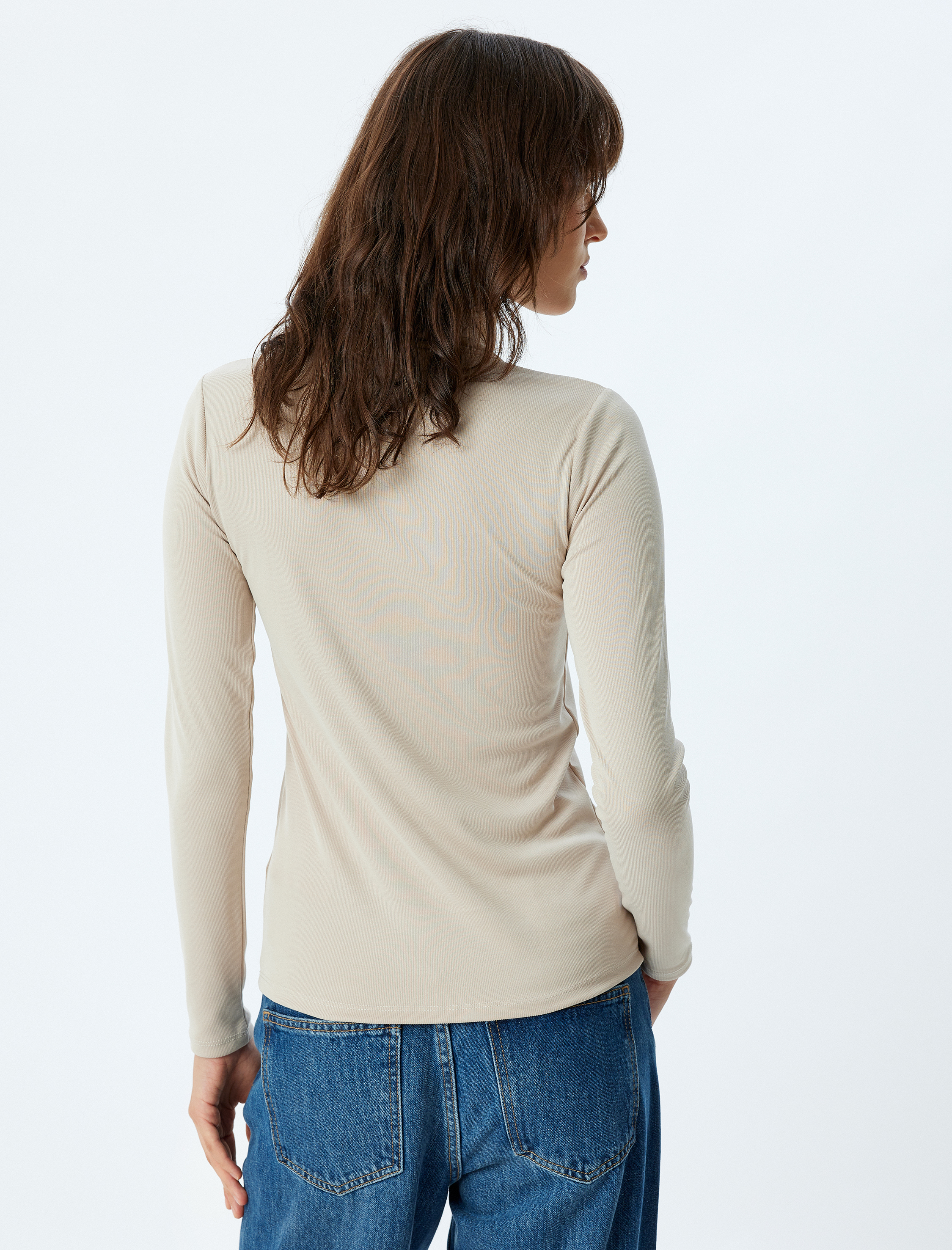   Boğazlı Yaka Uzun Kollu Modal Kumaş Fitilli Body