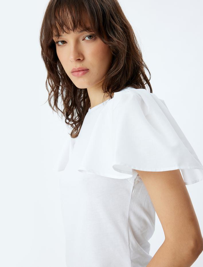  Kabarık Balon Kol Tişört Fırfırlı Bisiklet Yaka Pamuklu