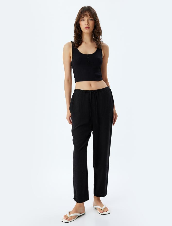  Keten Karışımlı Pantolon Yüksek Bel Bol Paça Cepli Beli Bağlamalı