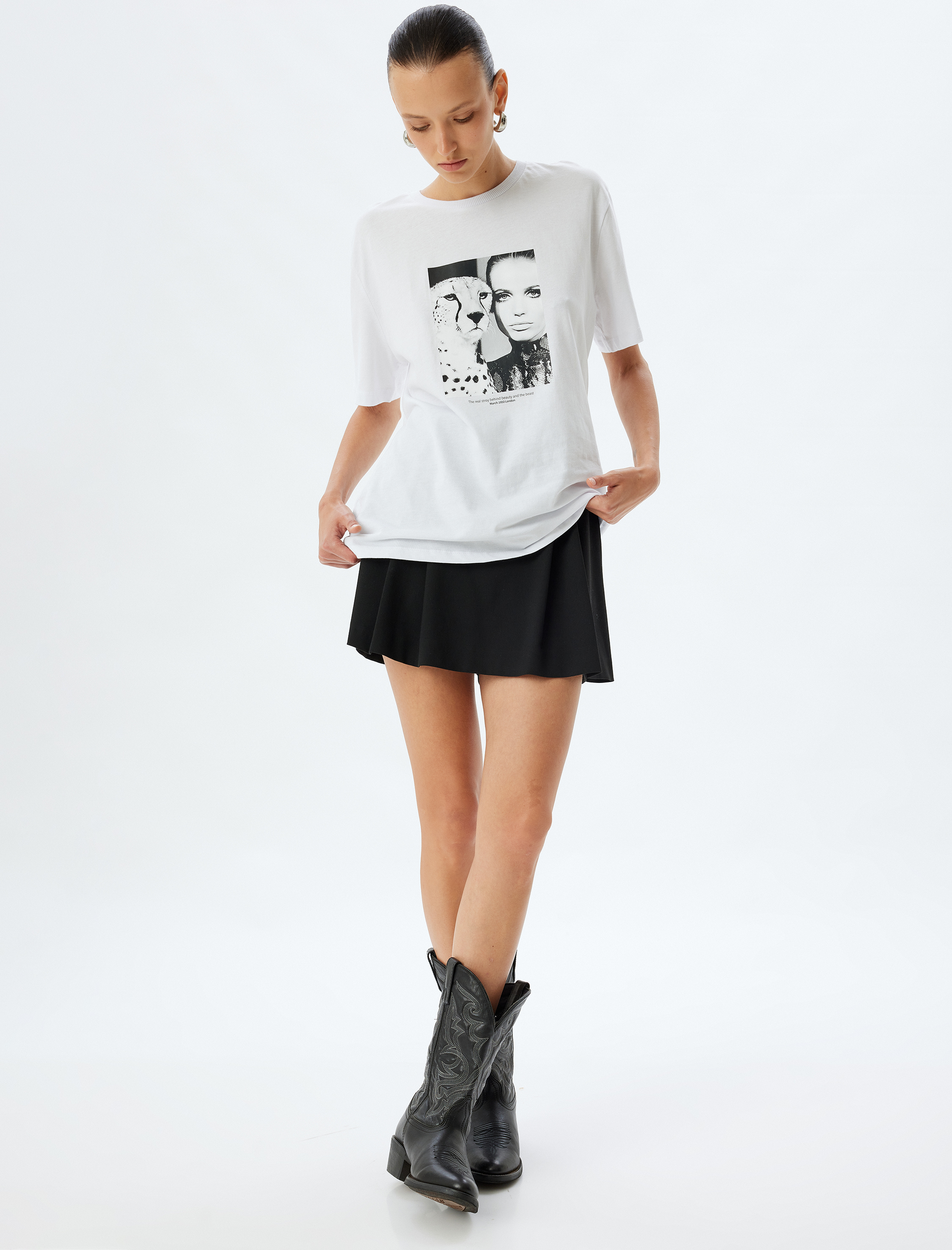   Kısa Kollu Bisiklet Yaka Pamuklu Fotoğraf Baskılı Tişört