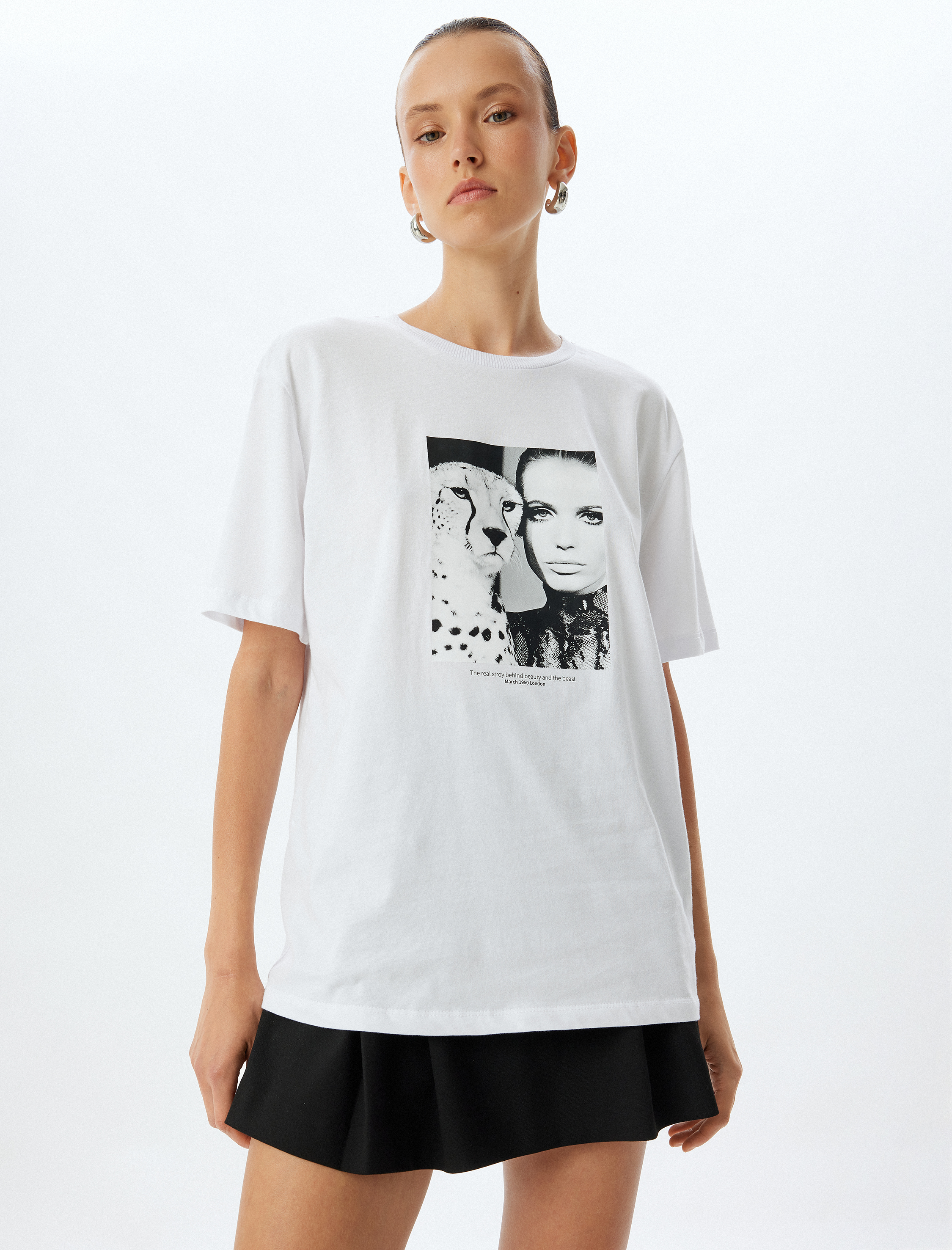   Kısa Kollu Bisiklet Yaka Pamuklu Fotoğraf Baskılı Tişört