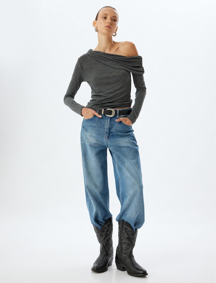  Omzu Açık Tişört Asimetrik Yaka Uzun Kollu Slim Fit