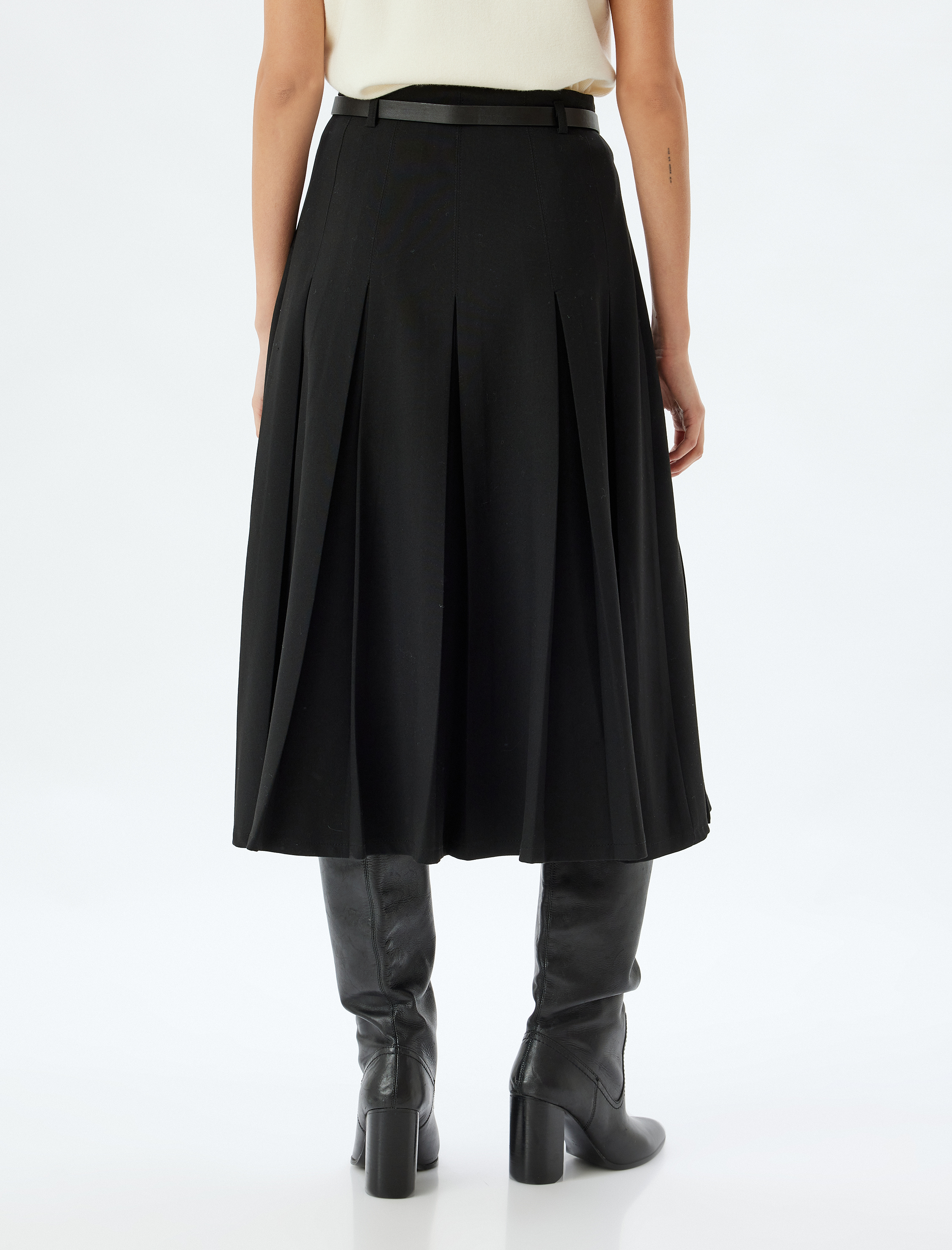   Midi Boy Pileli Etek Yüksek Bel A Kesim Kemer Detaylı