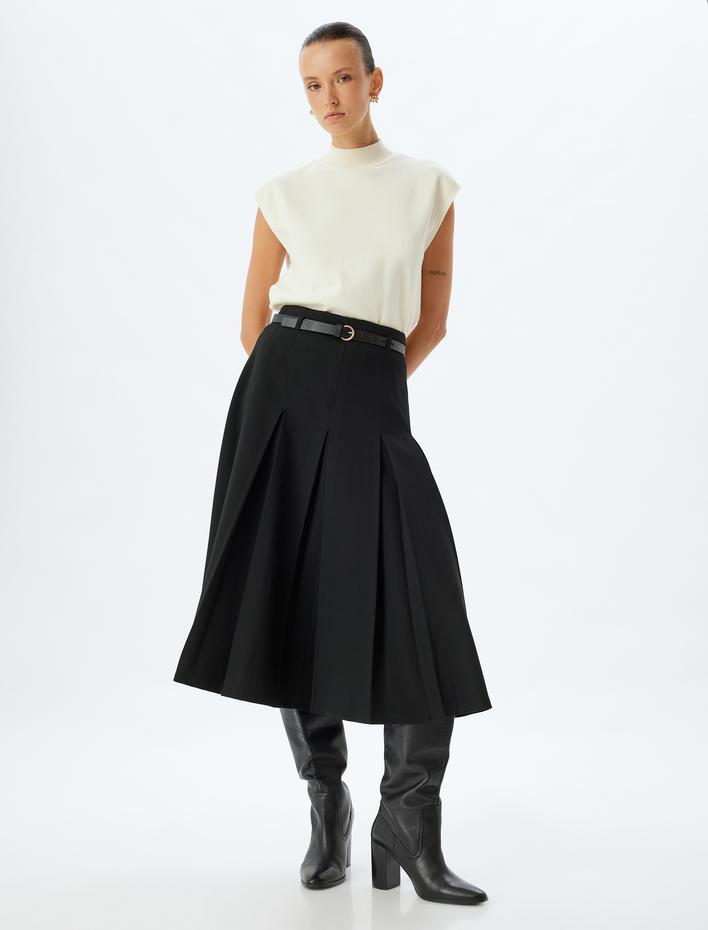  Midi Boy Pileli Etek Yüksek Bel A Kesim Kemer Detaylı