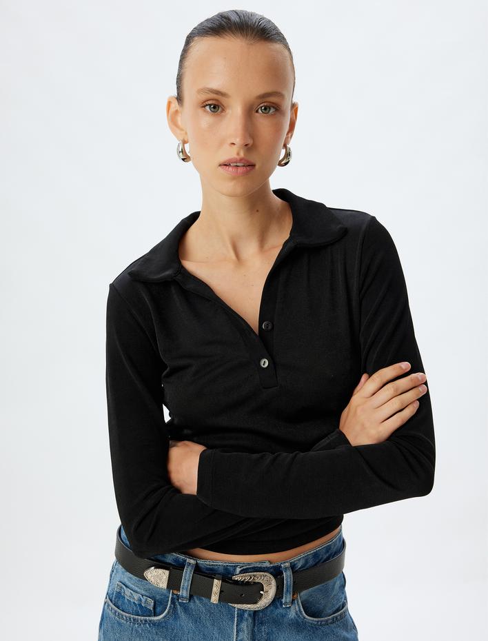  Polo Yaka Tişört Basic Uzun Kollu Düğmeli Slim Fit
