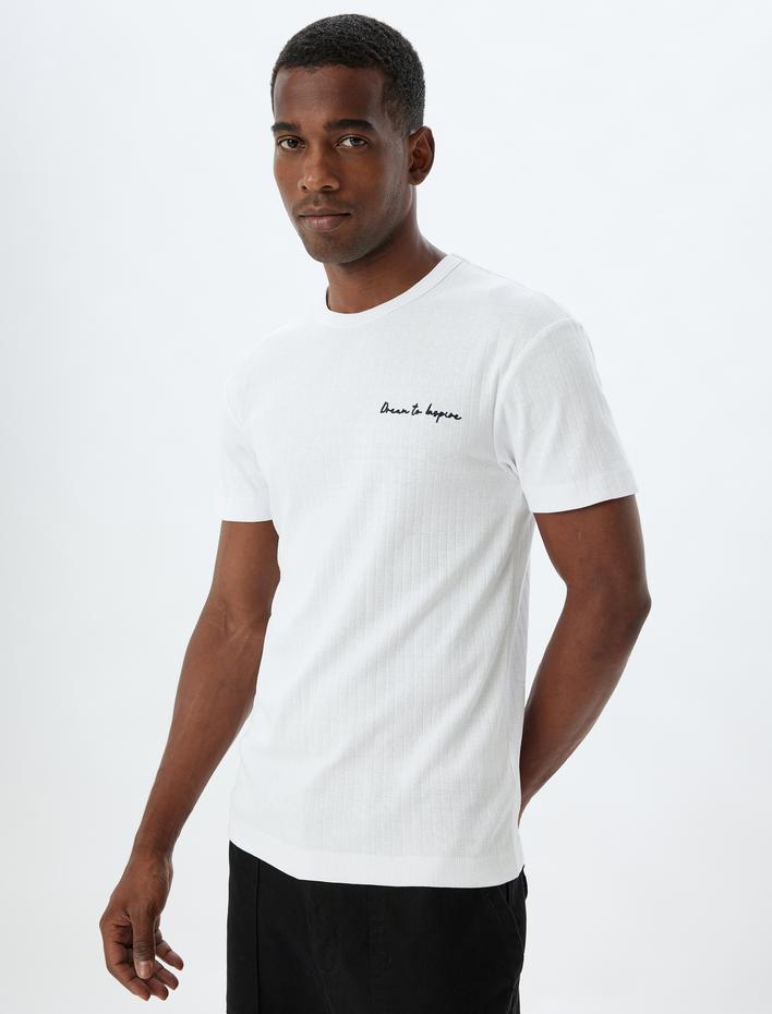  Slogan Baskılı Pamuklu Bisiklet Yaka Kısa Kollu Slim Fit Tişört