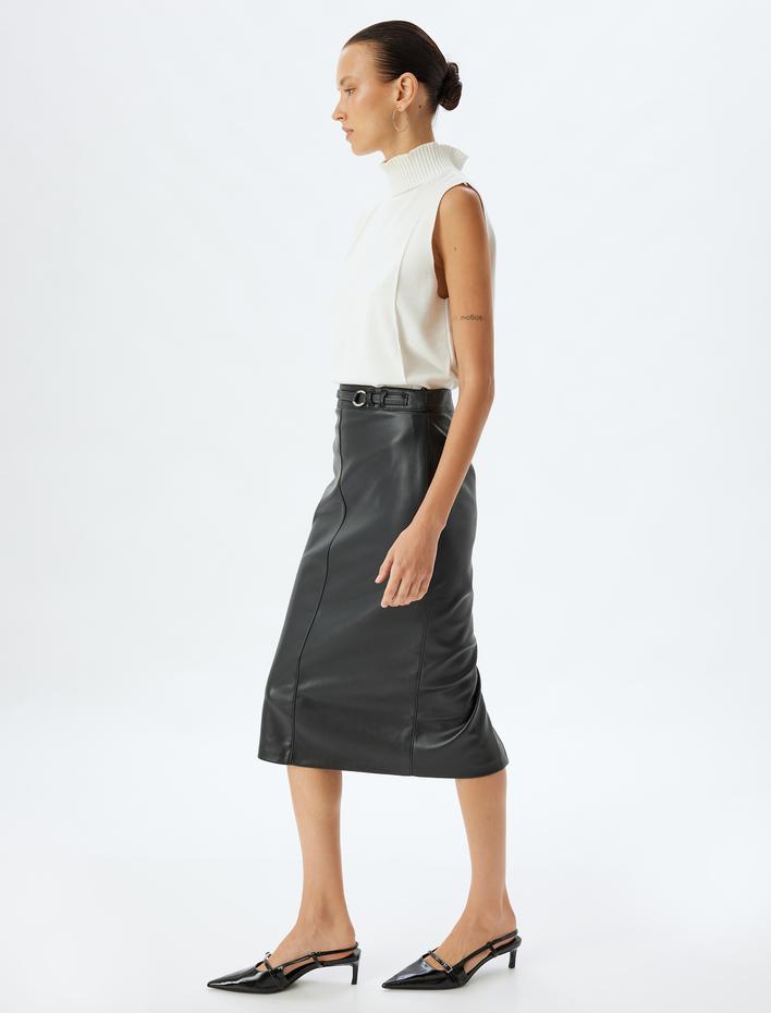  Suni Deri Etek Midi Boy Kalem Form Yırtmaçlı Kemer Detaylı