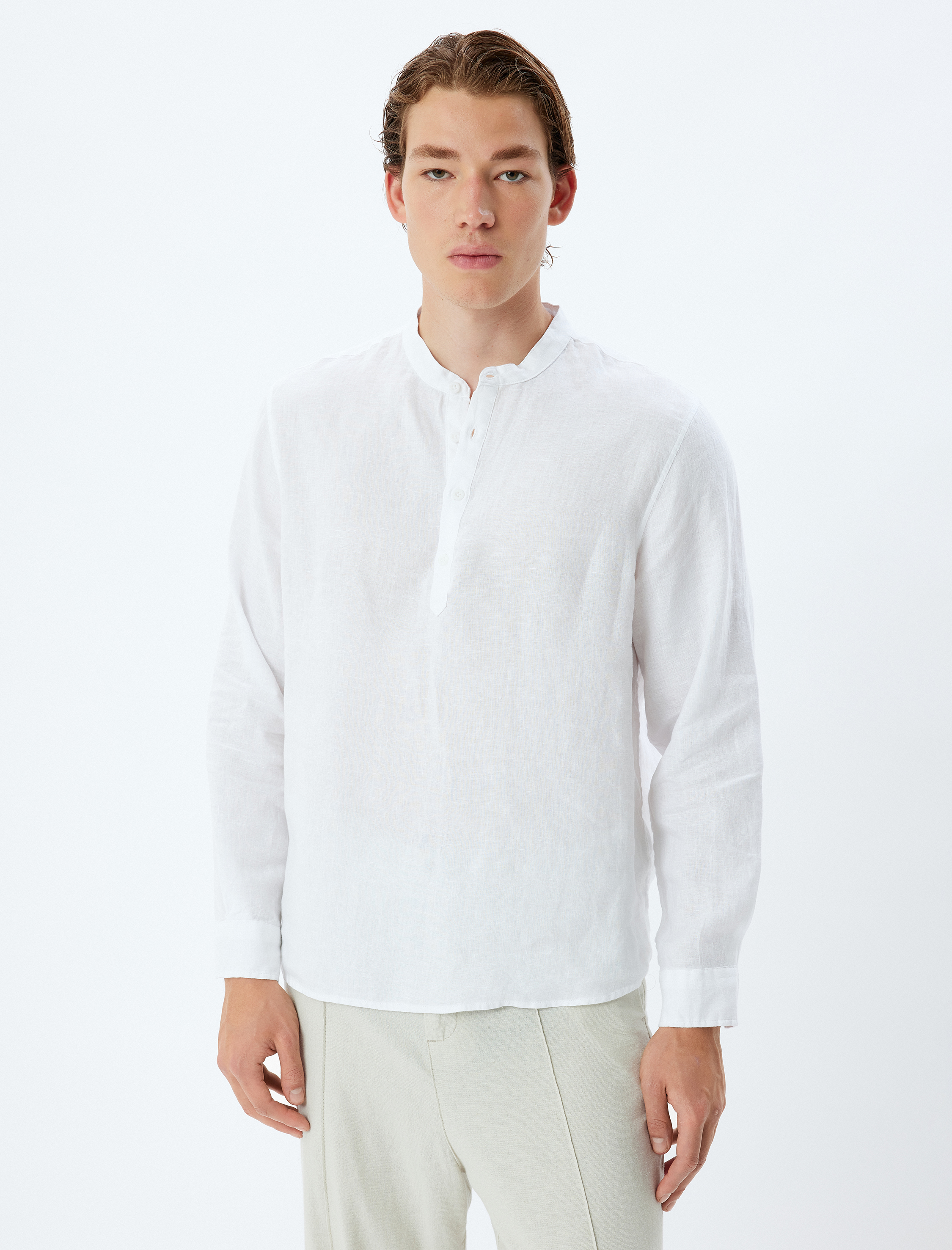   Yakasız Keten Gömlek Uzun Kollu Düğme Detaylı Regular Fit