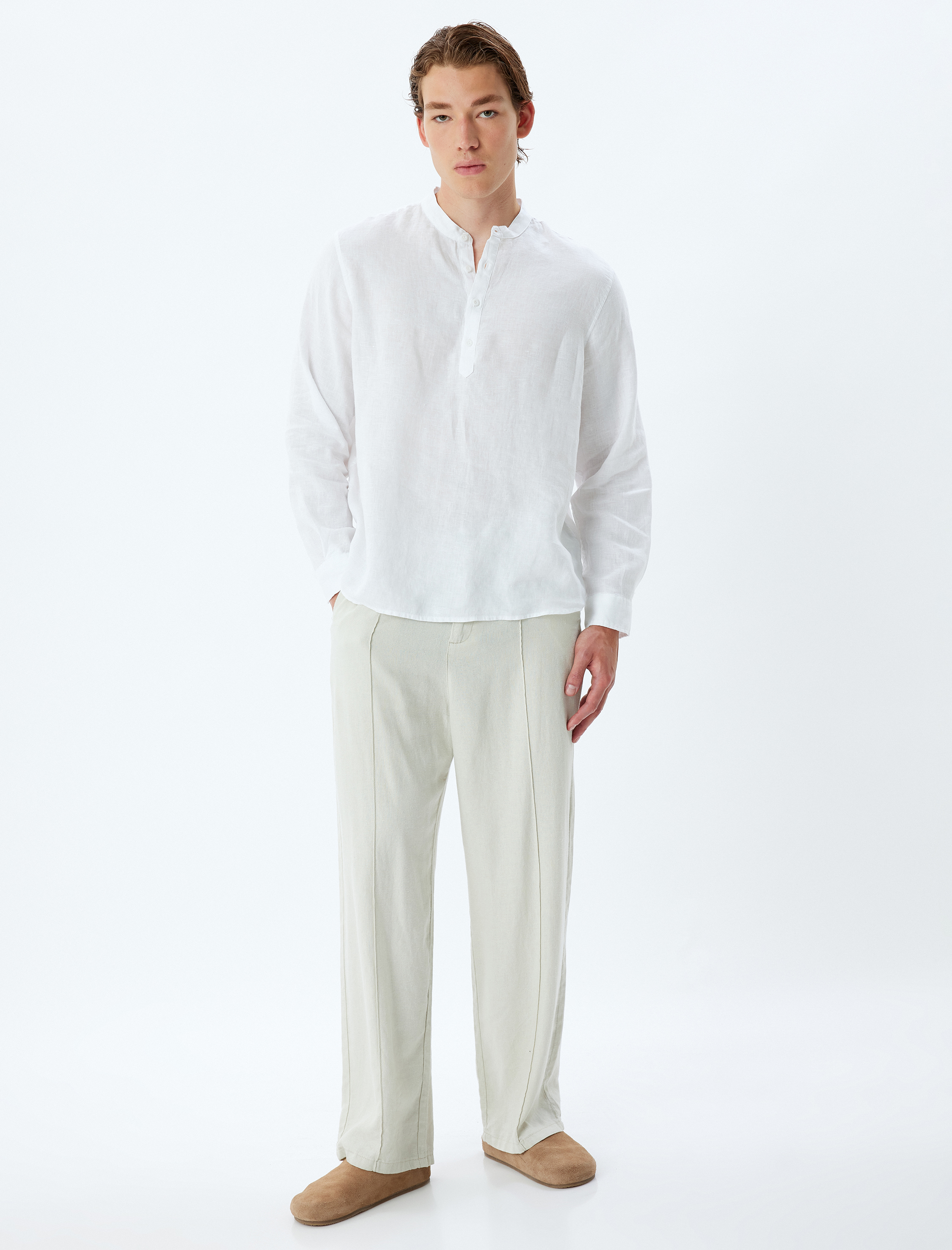   Yakasız Keten Gömlek Uzun Kollu Düğme Detaylı Regular Fit