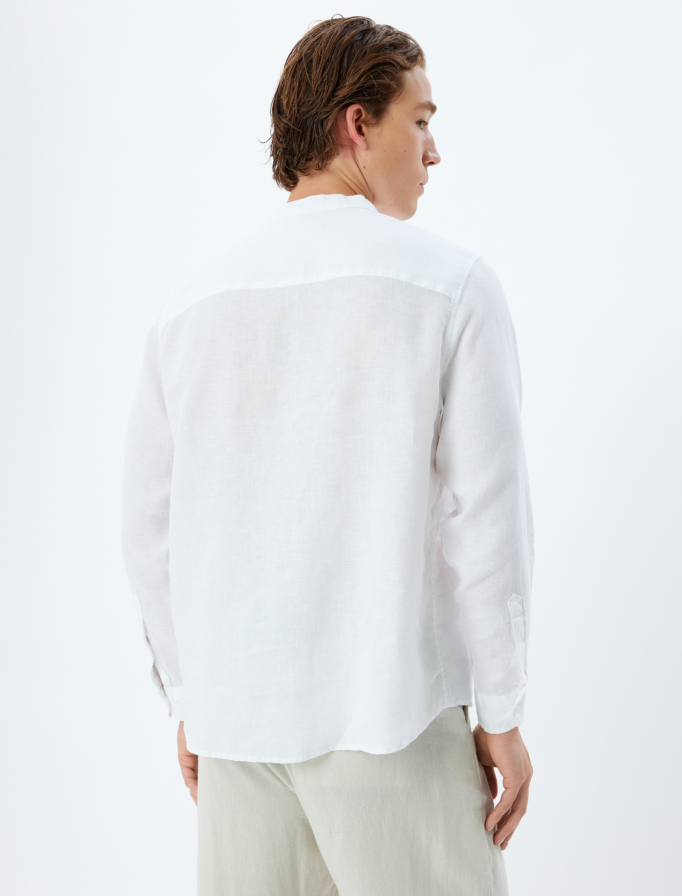   Yakasız Keten Gömlek Uzun Kollu Düğme Detaylı Regular Fit