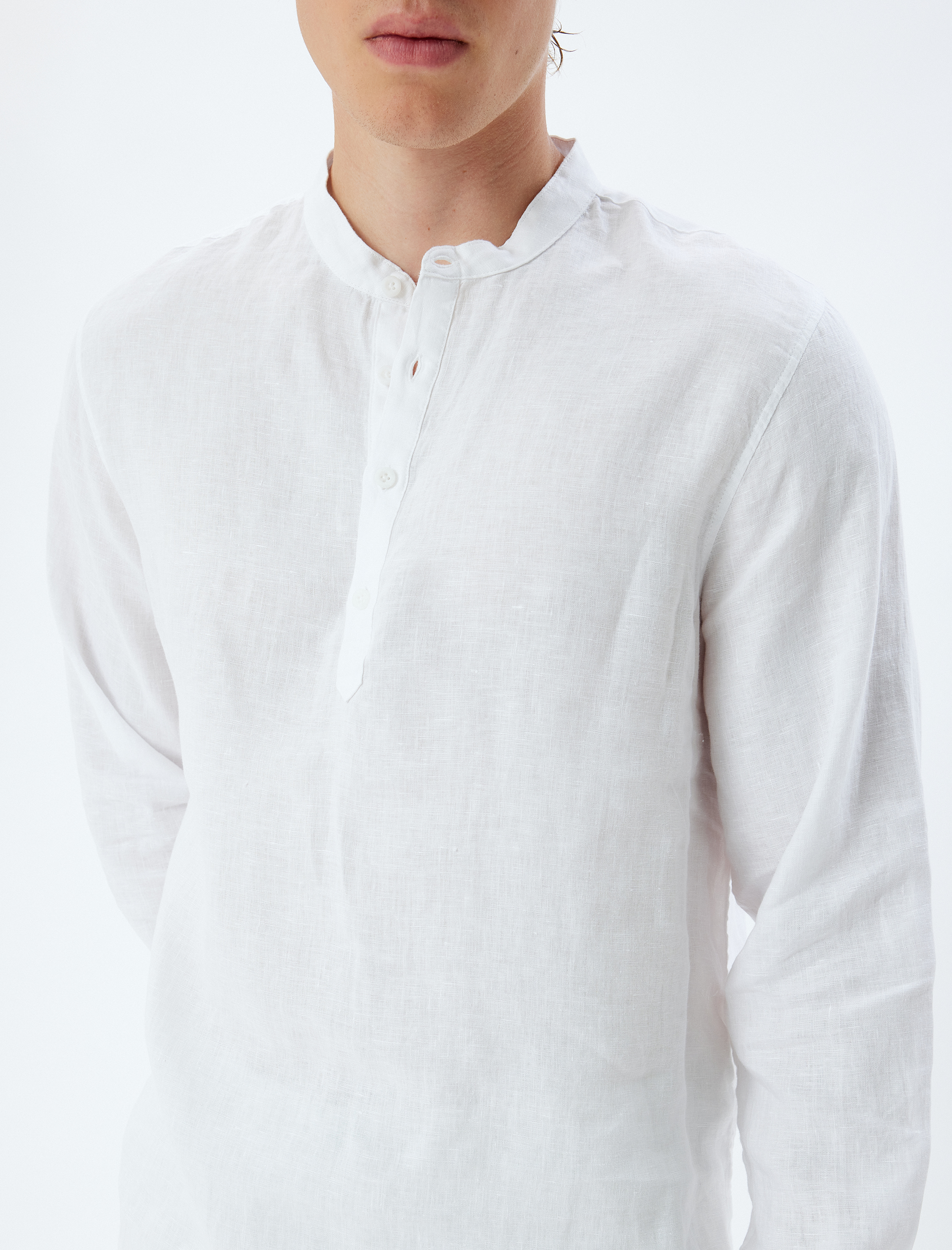   Yakasız Keten Gömlek Uzun Kollu Düğme Detaylı Regular Fit