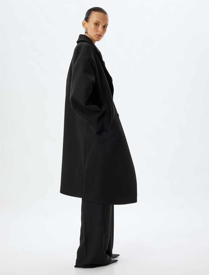  Kruvaze Düğmeli Cepli Uzun Oversize Kaşe Kaban