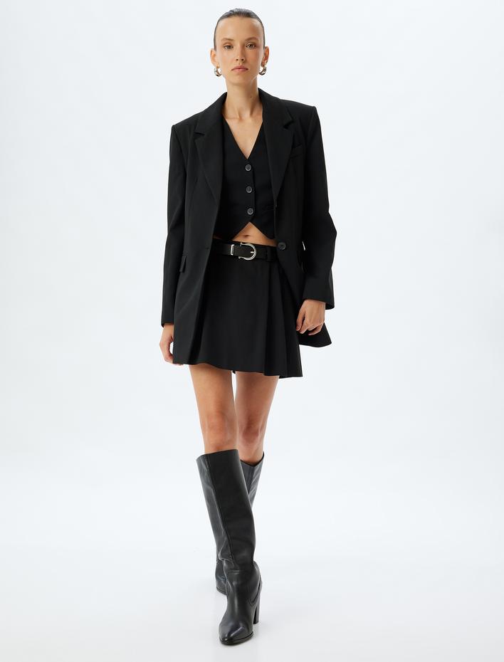  Rahat Kalıp Kemer Detaylı Mini Pileli Etek