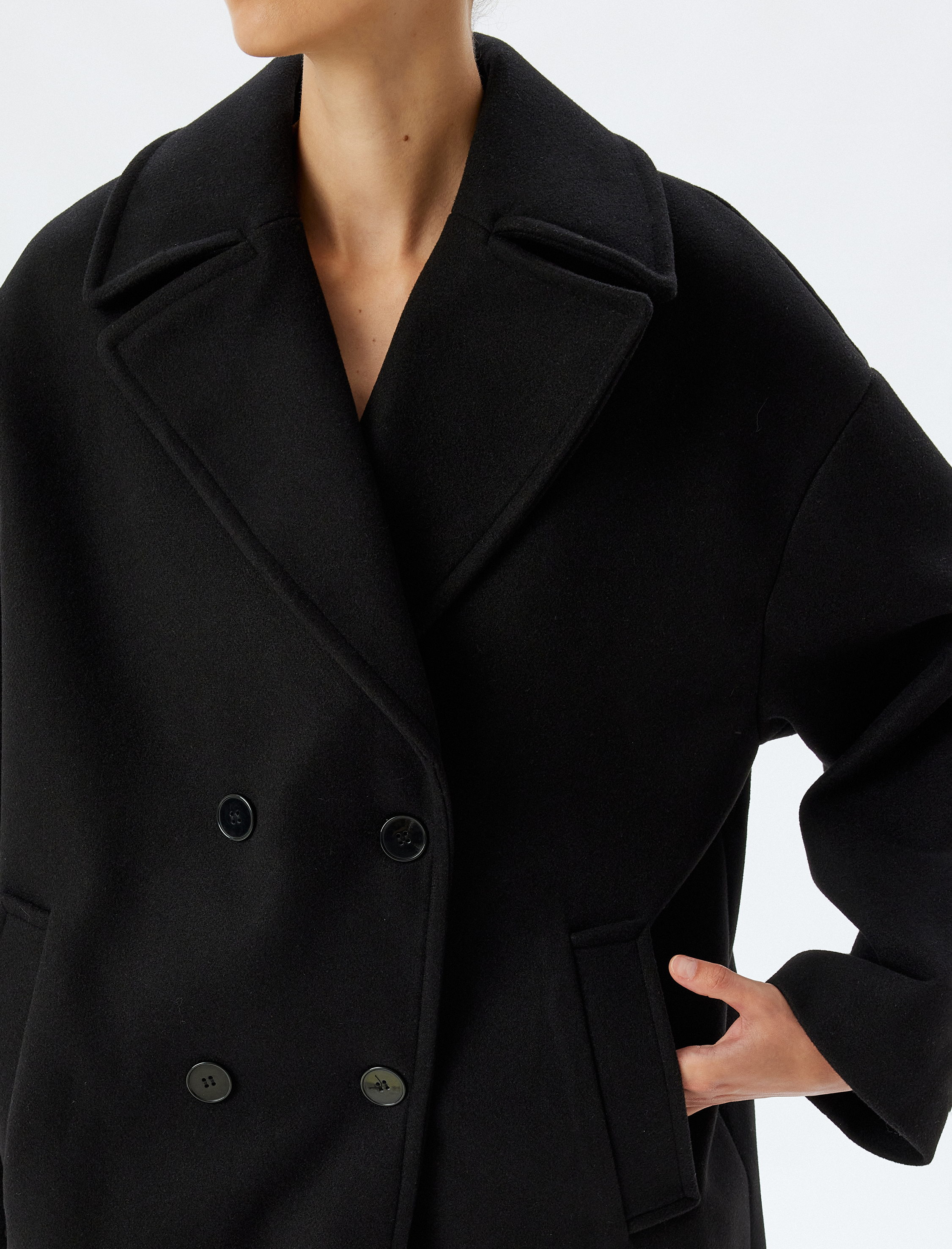 Kruvaze Düğmeli Cepli Uzun Oversize Kaşe Kaban