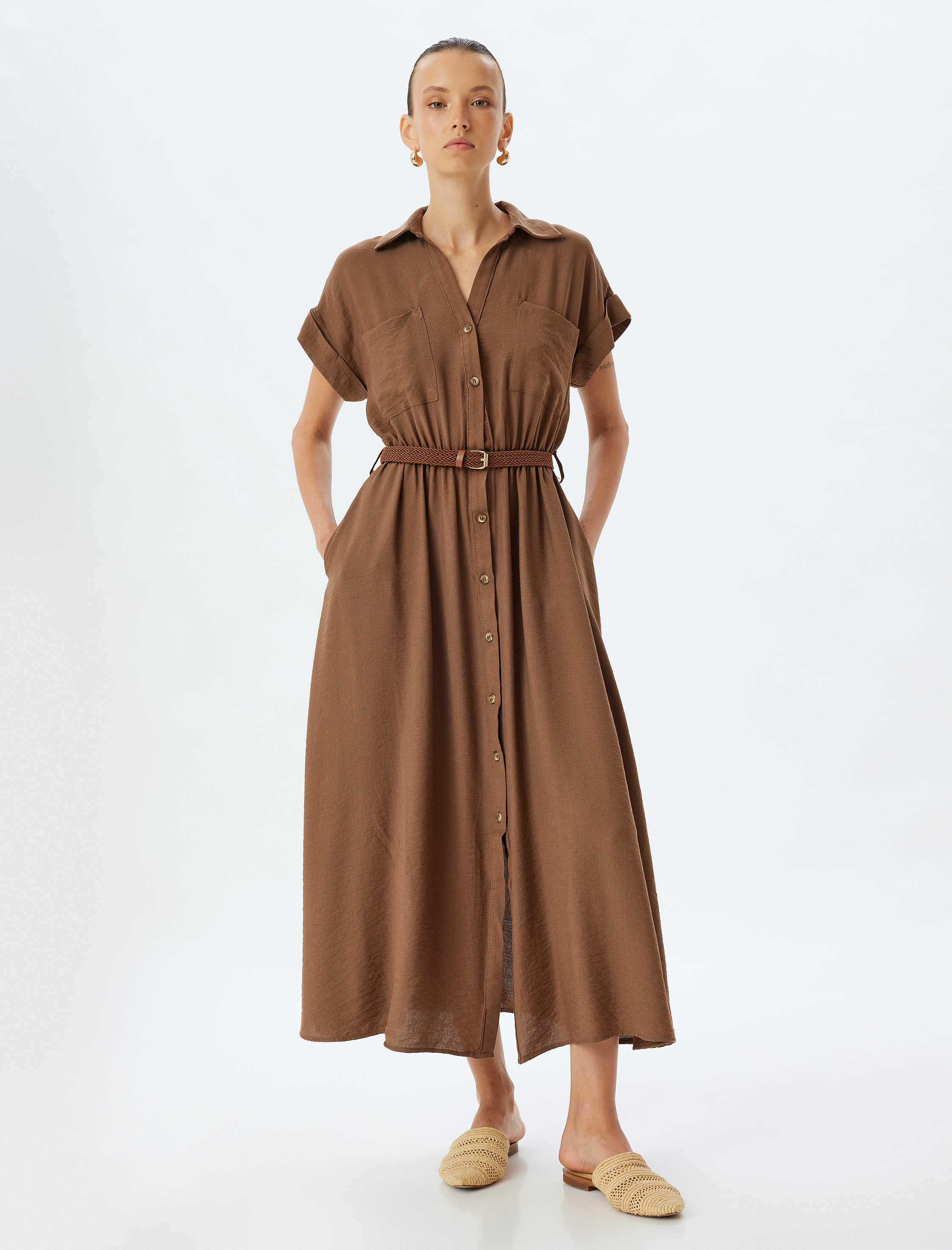   Uzun Gömlek Elbise Kısa Kollu Kemer Detaylı Cepli