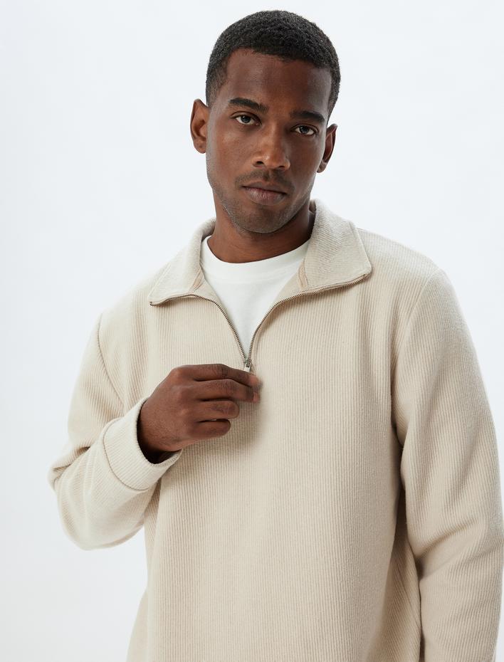  Yarım Fermuarlı Kazak Basic Pamuk Karışımlı Dokulu Uzun Kollu