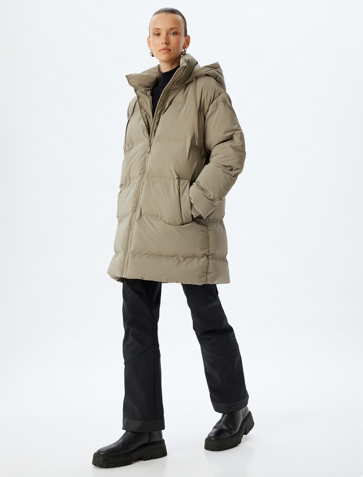  Kapüşonlu Uzun Şişme Mont Su itici Cepli Fermuarlı