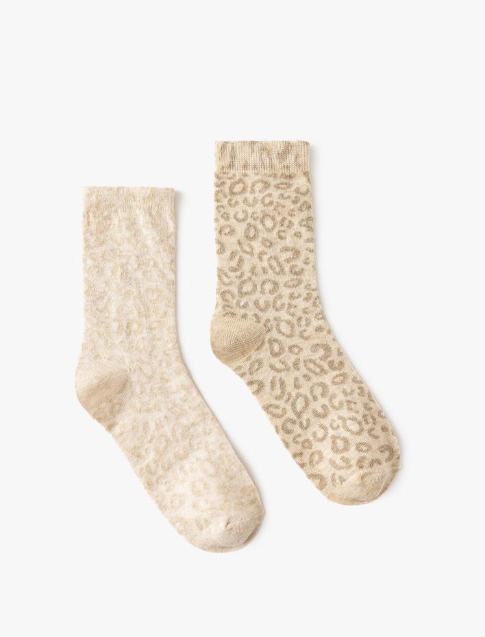 Kadın 2'li Soket Çorap Seti Çok Renkli Leopar Desenli