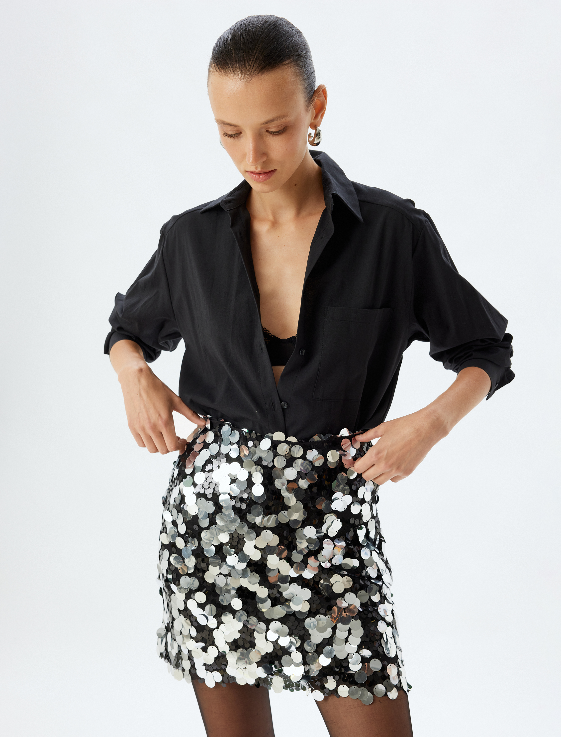 Abiye Etek Mini Pullu Payetli Standart Bel Slim Fit