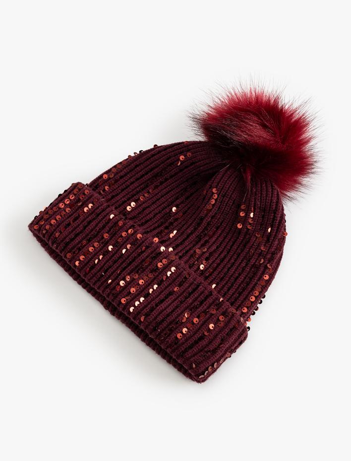 Kadın Örgü Bere Payetli Pon Pon Detaylı Katlı