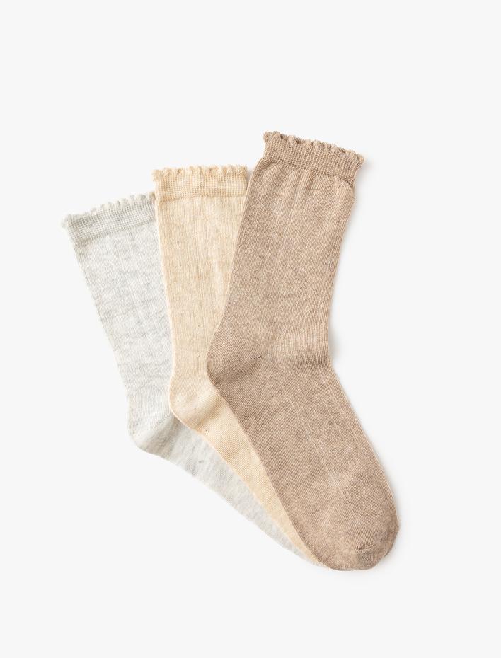 Kadın 3'lü Soket Çorap Seti Çok Renkli Fırfır Detaylı