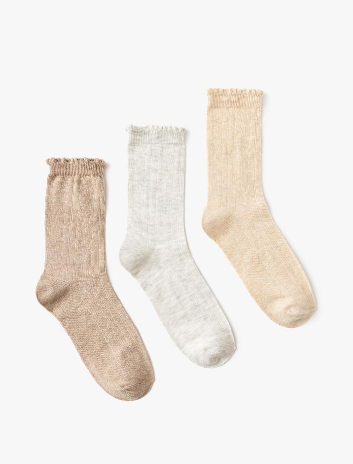 Kadın 3'lü Soket Çorap Seti Çok Renkli Fırfır Detaylı