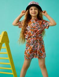 Çiçekli Baskılı Kısa Kollu Tişört Pamuklu