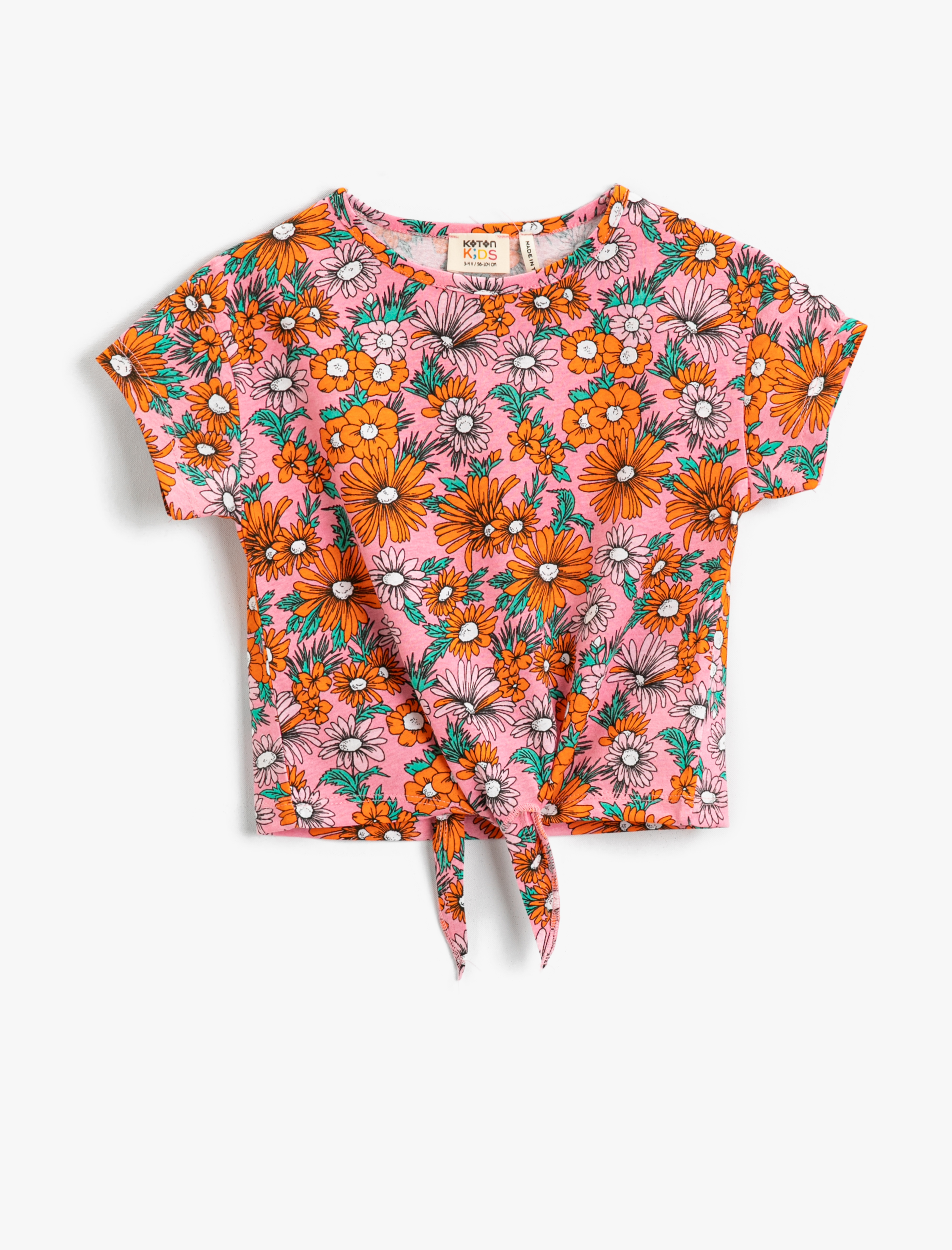  Kız Çocuk Çiçekli Baskılı Kısa Kollu Tişört Pamuklu