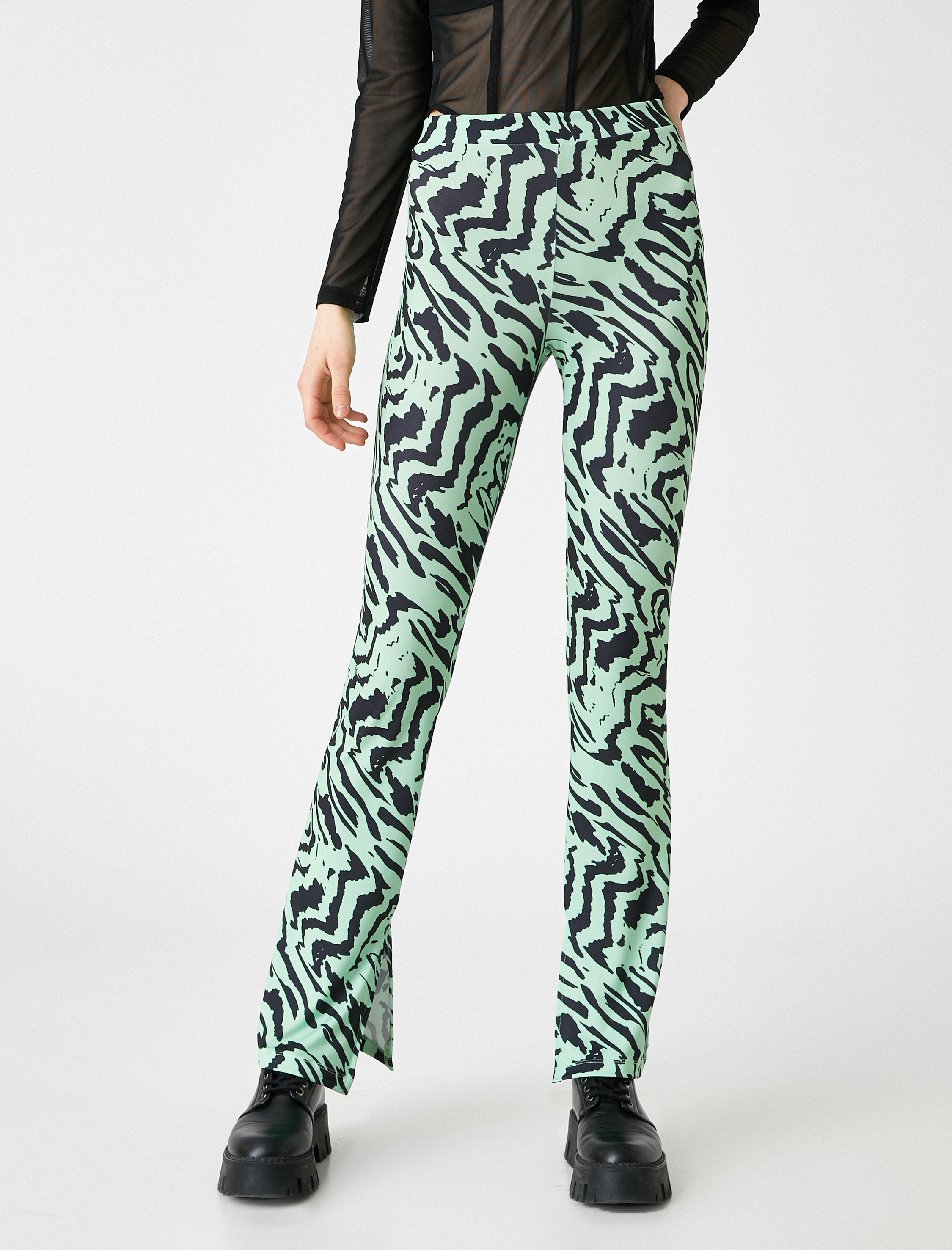   Desenli Yırtmaçlı İspanyol Paça Yüksek Bel Pantolon