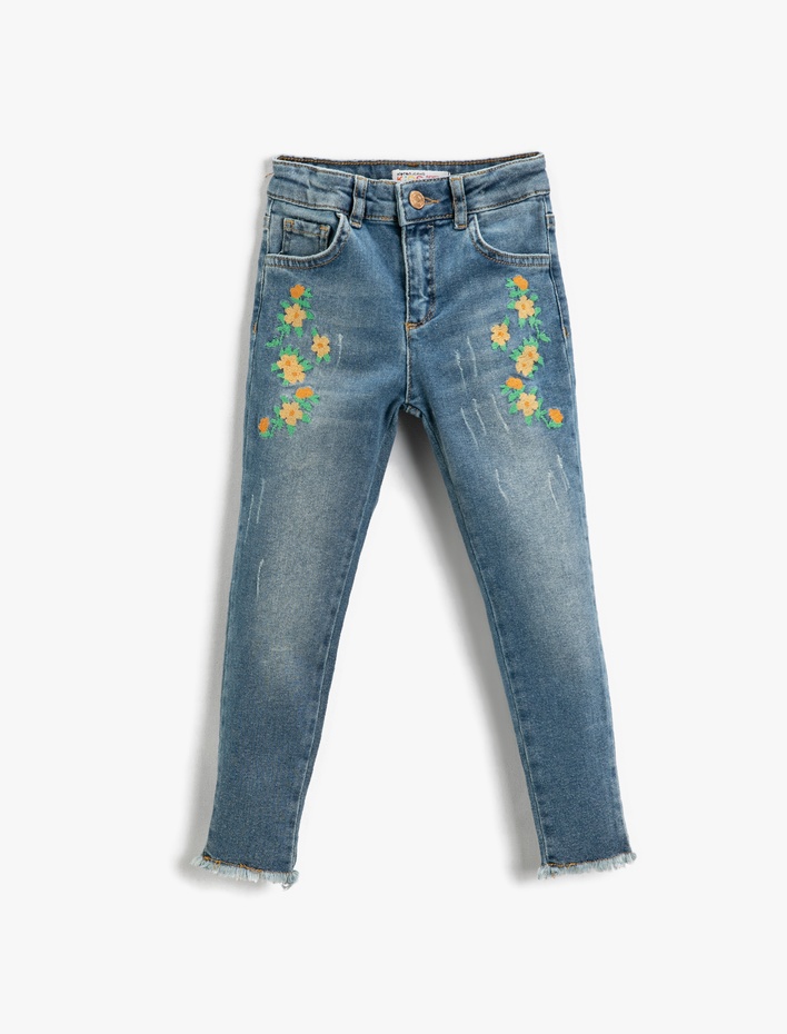 Kız Çocuk Slim Fit Çiçekli Kot Tayt Pamuklu