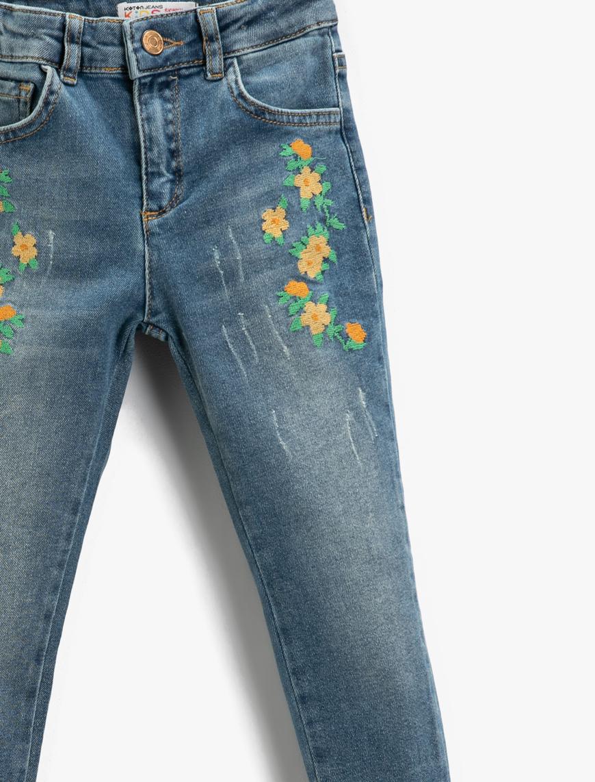  Kız Çocuk Slim Fit Çiçekli Kot Tayt Pamuklu