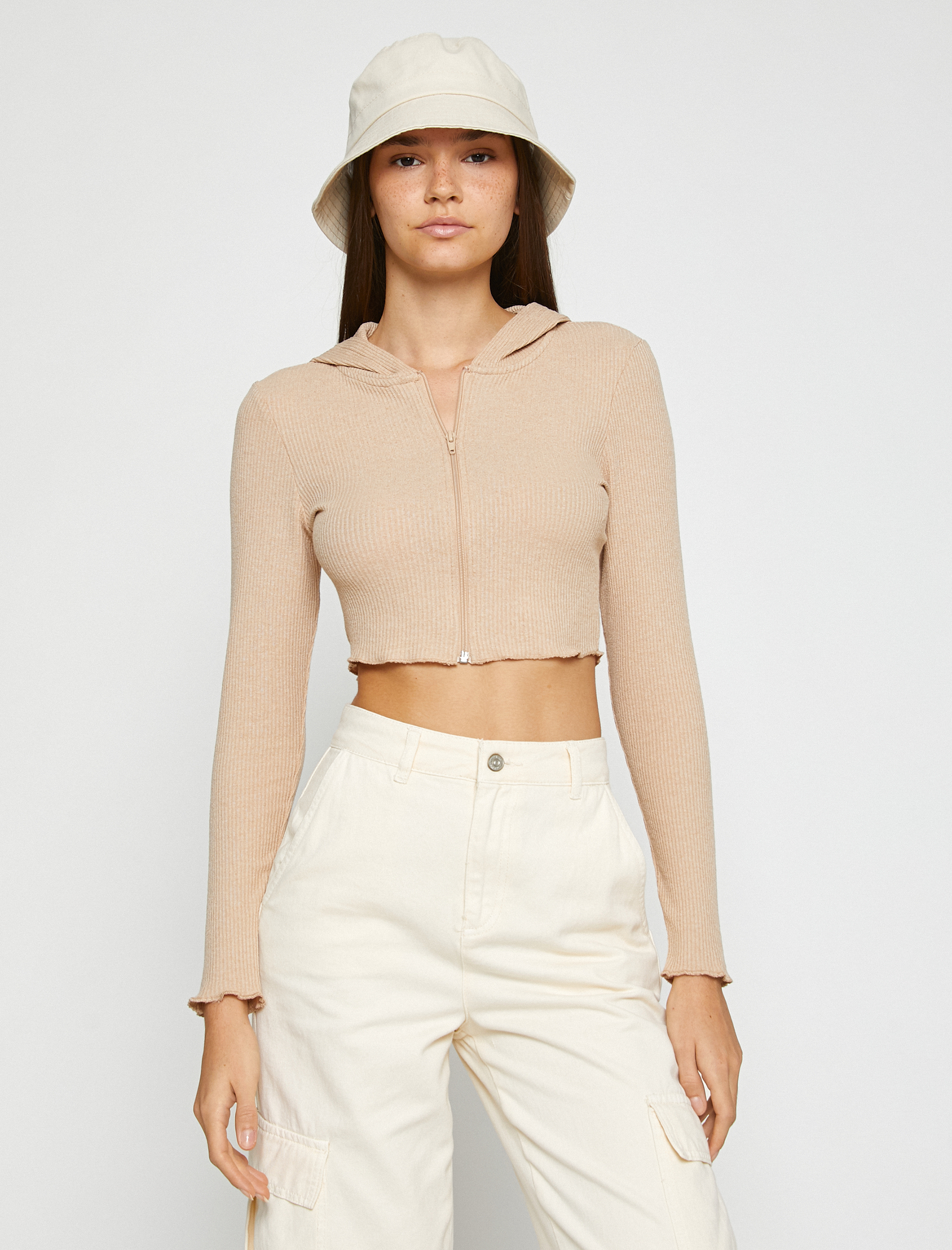   Crop Hırka Fermuarlı Kapüşonlu