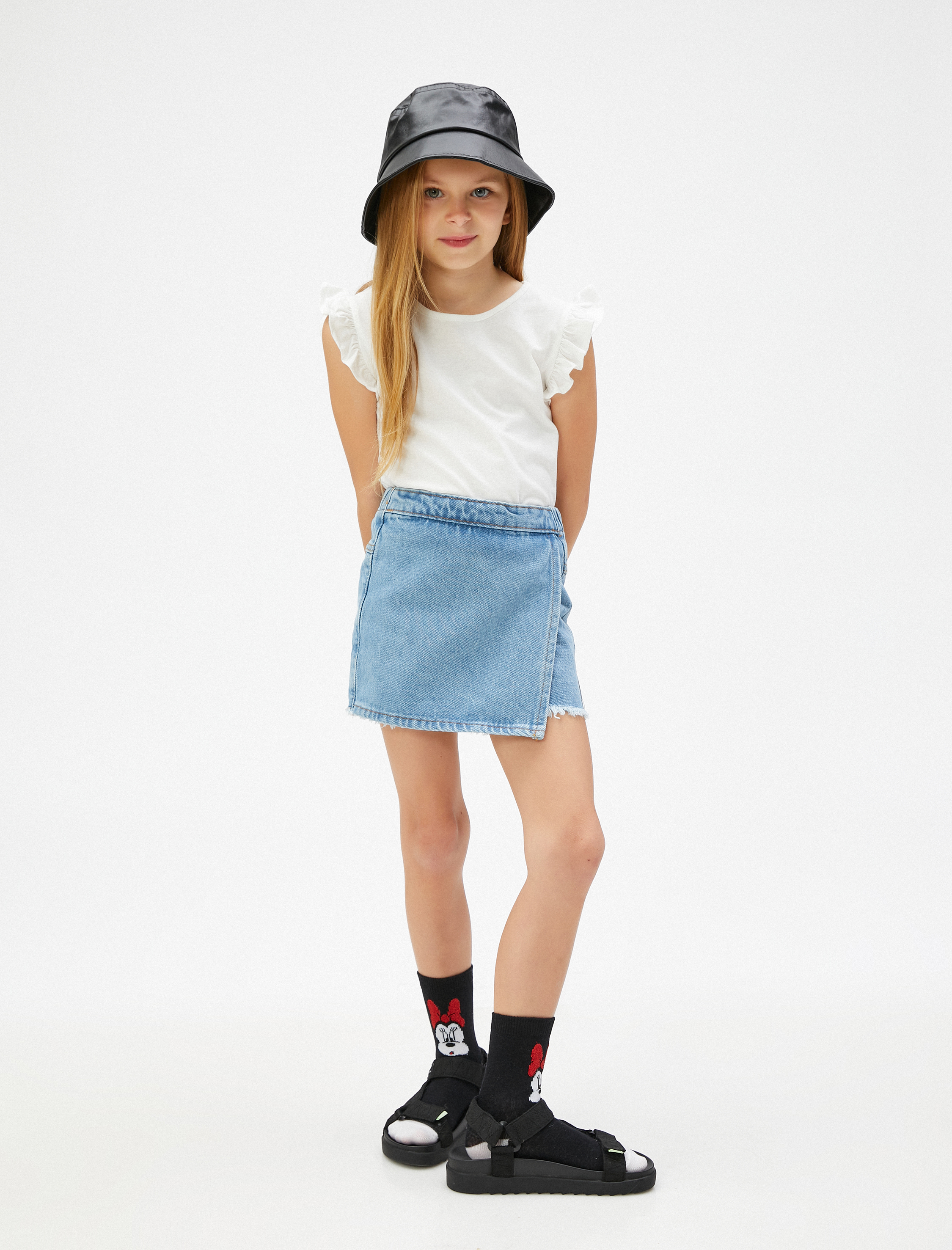  Kız Çocuk Kot Şort Etek Kruvaze Cepli Beli Ayarlanabilir Lastikli