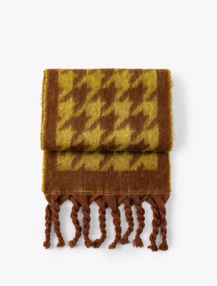 Kadın Uzun Atkı Kazayağı Detaylı Yumuşak Dokulu Püsküllü