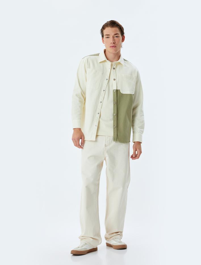  Gömlek Ceket Renk Bloklu Cep Detaylı Düğmeli Pamuklu