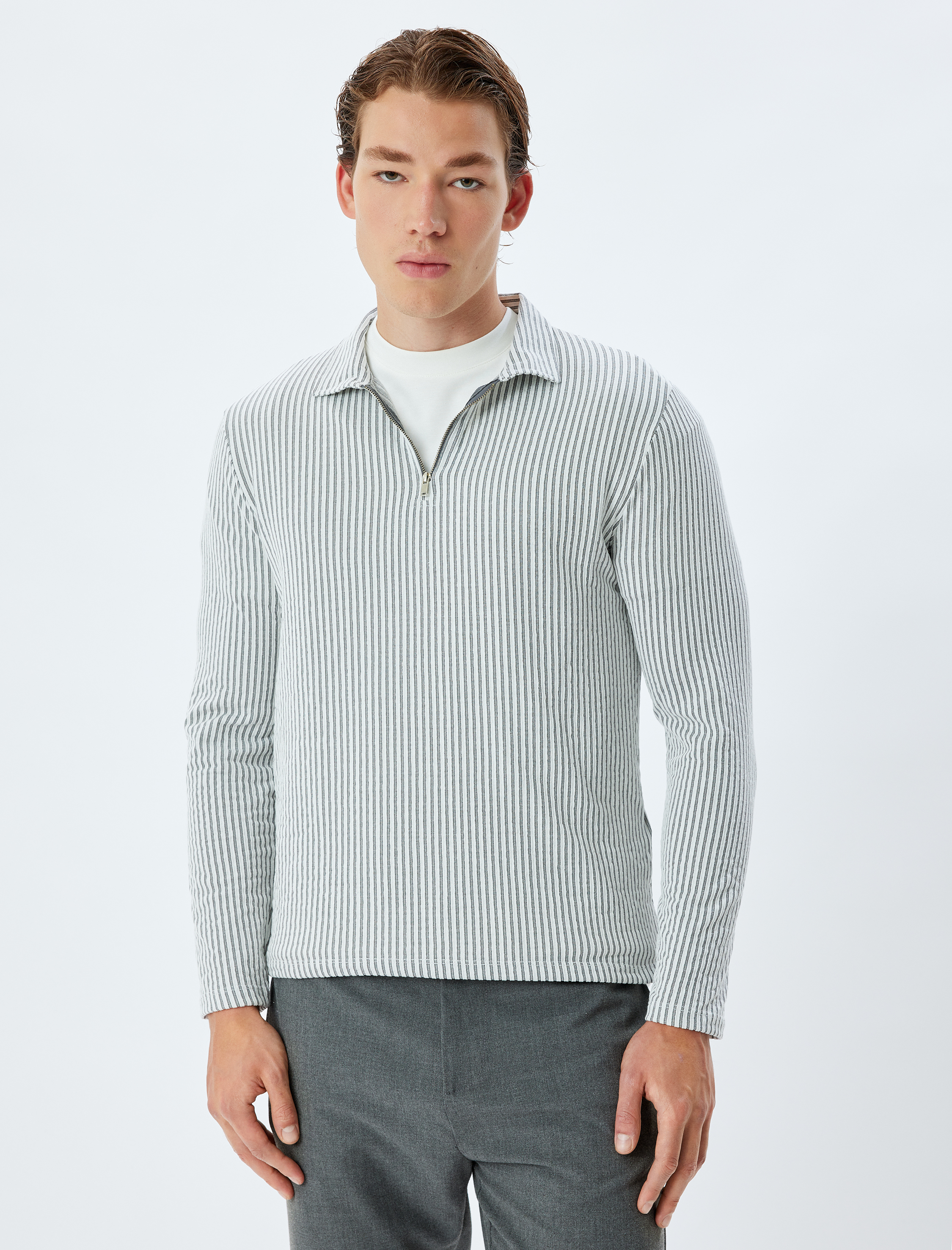   Fermuarlı Yaka Kazak Dokulu Uzun Kollu Pamuk Karışımlı