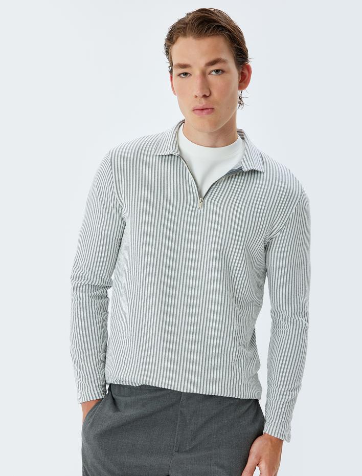  Fermuarlı Yaka Kazak Dokulu Uzun Kollu Pamuk Karışımlı