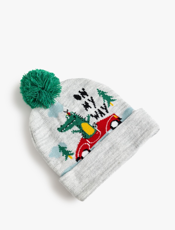 Erkek Çocuk Triko Bere Timsah Desenli Ponpon Detaylı