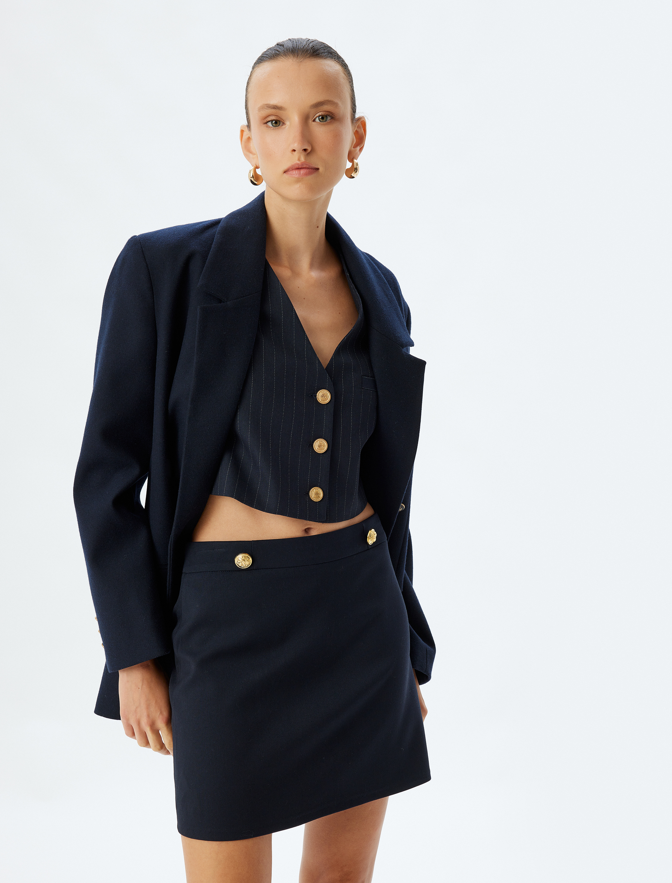   Yüksek Bel Düğme Detaylı A Kesim Mini Etek