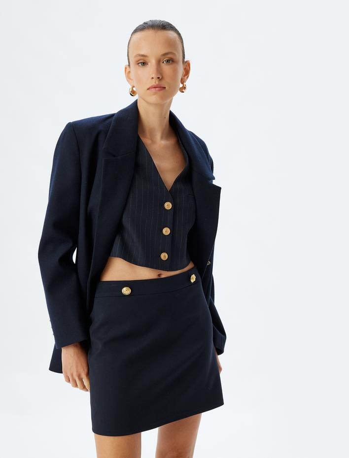  Yüksek Bel Düğme Detaylı A Kesim Mini Etek