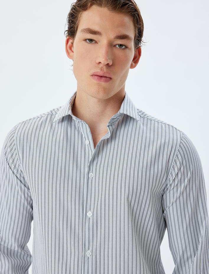  Slim Fit Gömlek Yarım İtalyan Yaka Uzun Kollu Pamuk Karışımlı