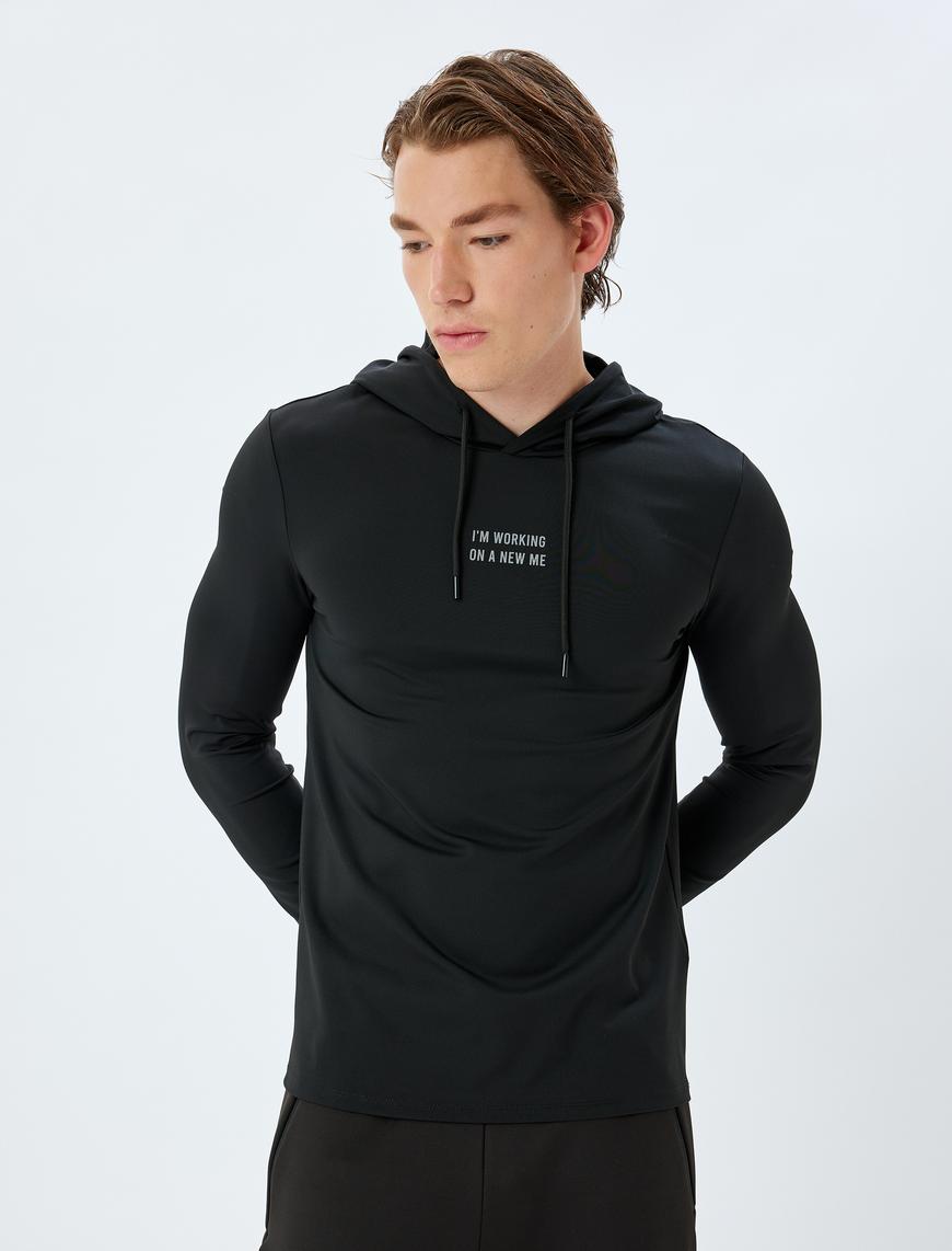   Spor Sweatshirt Kapşonlu Slogan Baskılı İnterlok Kumaş