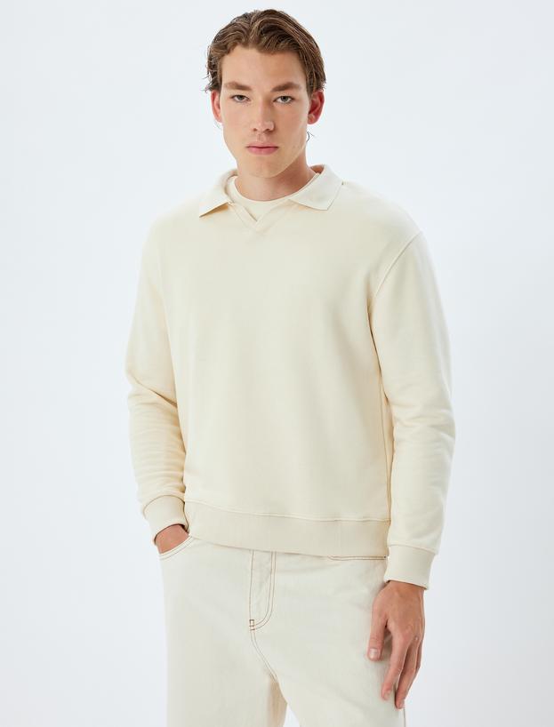 Polo Yaka Sweatshirt Basic Uzun Kollu Pamuklu_2