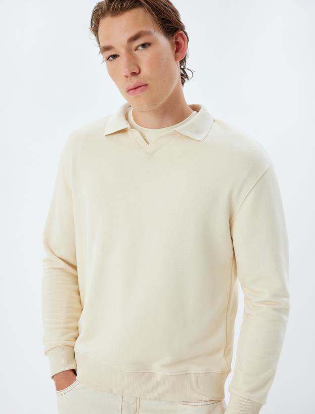 Polo Yaka Sweatshirt Basic Uzun Kollu Pamuklu_1