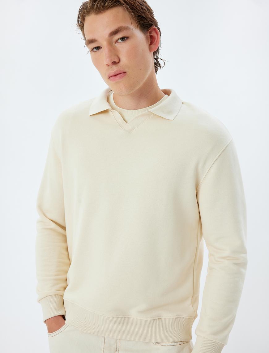   Polo Yaka Sweatshirt Basic Uzun Kollu Pamuklu