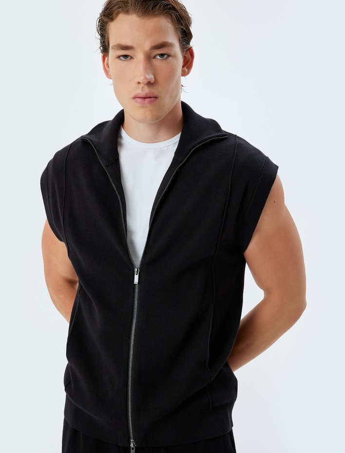  Triko Yelek Dik Yaka Fermuarlı Basic Kolsuz Pamuklu