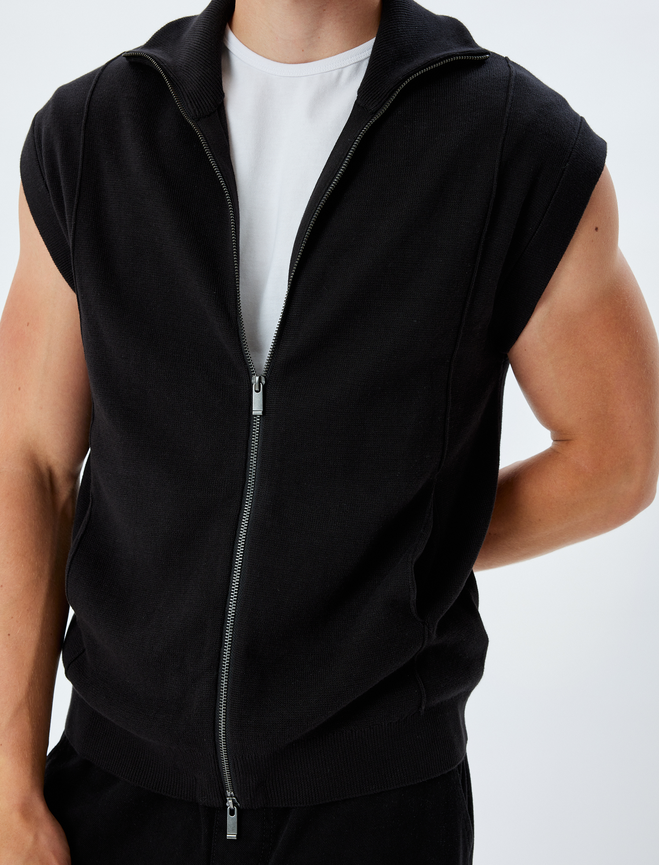   Triko Yelek Dik Yaka Fermuarlı Basic Kolsuz Pamuklu